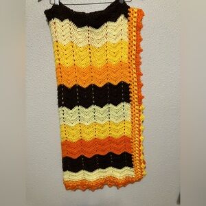 Crocheted Afghan Blanket in Ripple Autumn Colors yellow, orange brown 60”x 32”